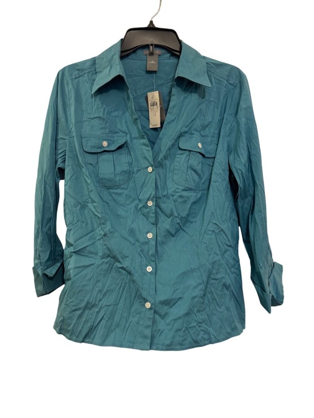 Ann Taylor Womens Teal Button-Up Collared Shirt Size 12 New With Tags